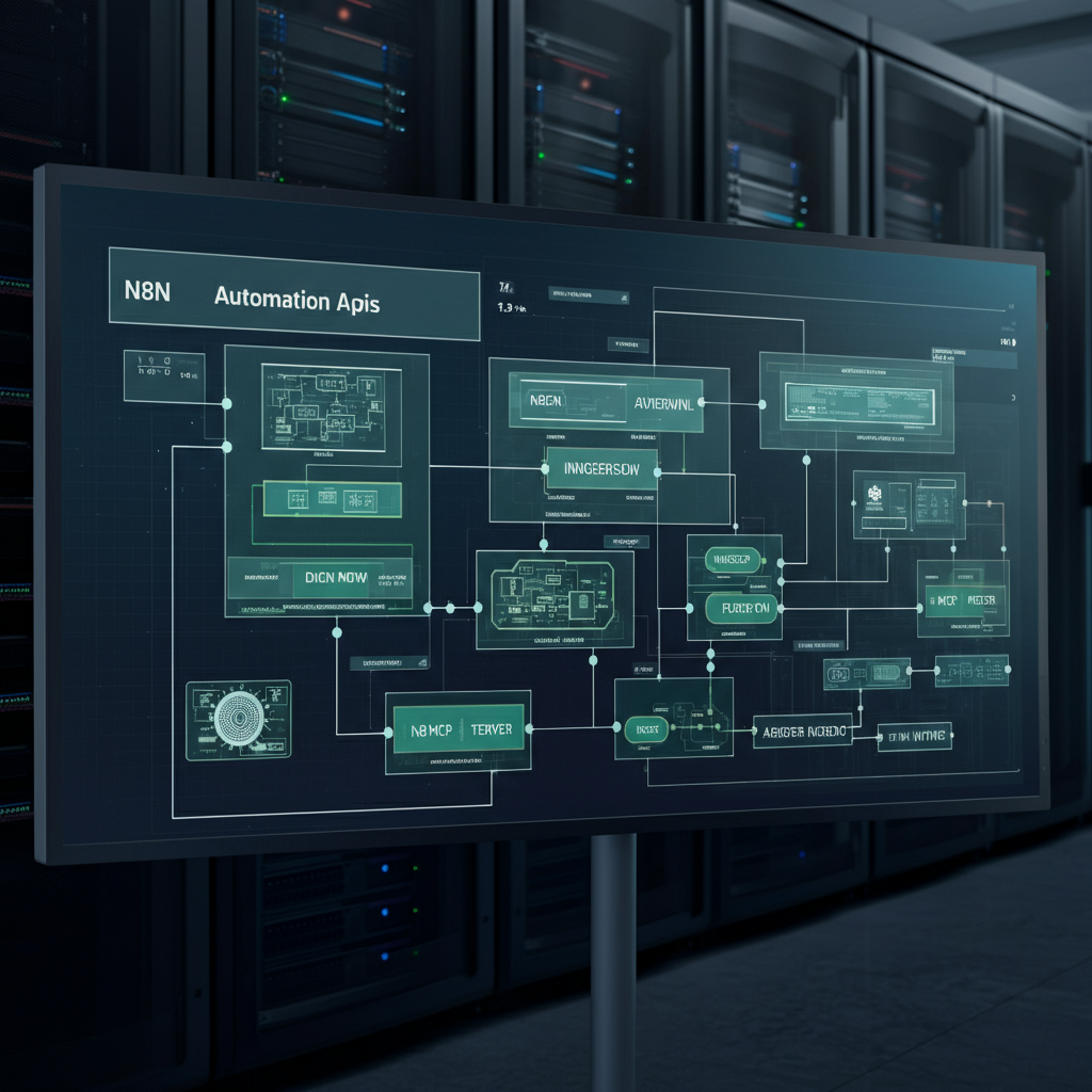Automation Apis dashboard in a modern British office, showing interconnected workflows for resilient n8n MCP server integration and business automation.