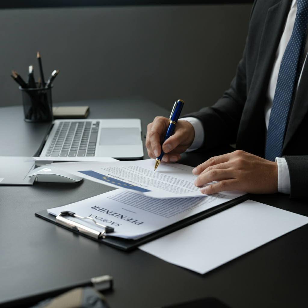 Business hands reviewing EU Authorized Representative compliance documents and legal contracts for non-EU manufacturers at a modern office desk, preparing for EU market access.