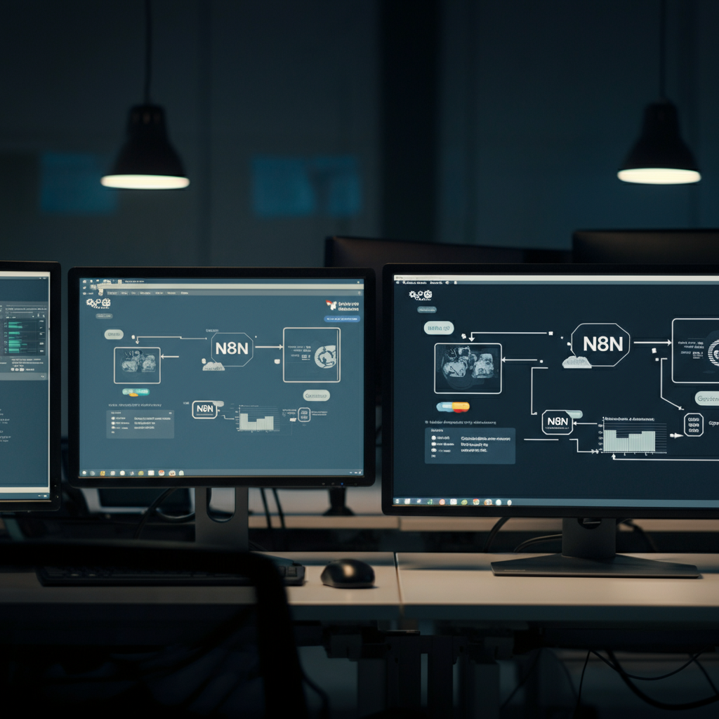 A modern British office with multiple monitors displaying n8n workflow diagrams, highlighting Google Antigravity integration and professional error debugging in action.