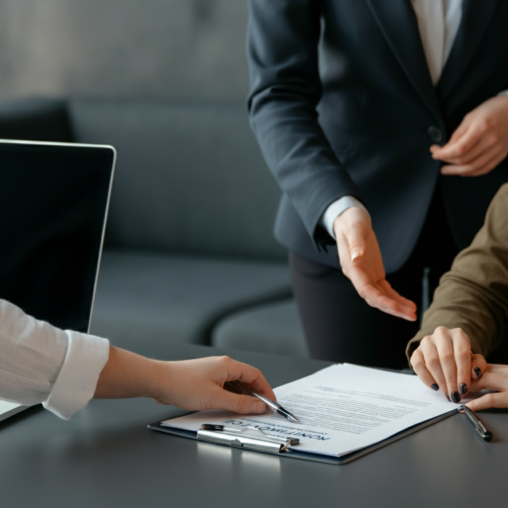 Appoint Representative for EU compliance visual: hands of a consultant assisting an online seller with official EU regulatory documents and a laptop in a UK office.