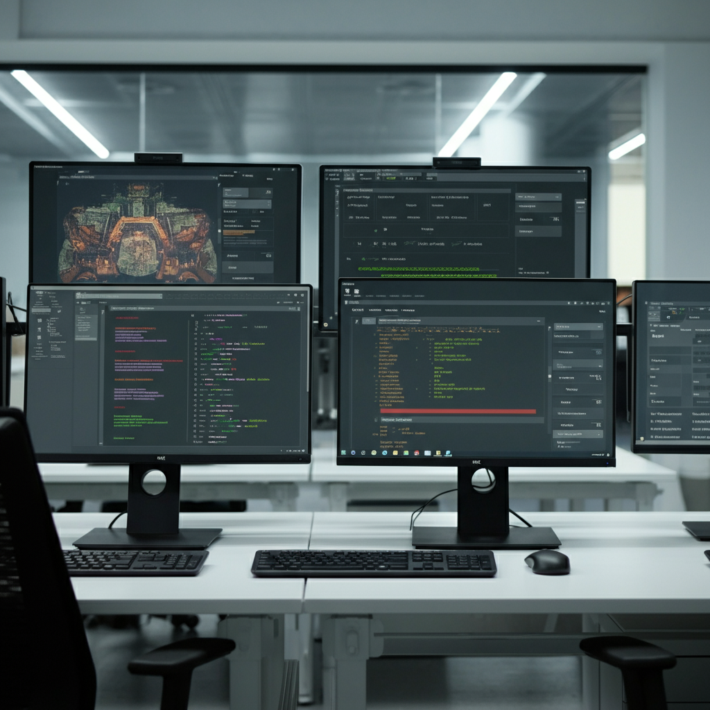 Example Api For Testing in a modern UK tech office with multiple monitors showing n8n schema validation, API dashboards, and workflow automation tools.