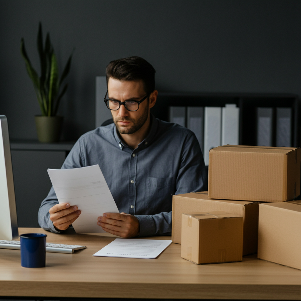 Commercial image showing Regulation EU 2019 1020 compliance—office desk with EU regulatory documents, product packaging, and charts for Chinese exporters.