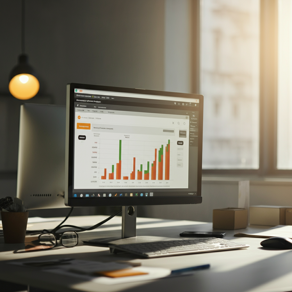 Commercial office scene showing a modern UK logistics provider reviewing detailed Amazon seller data on a large monitor, illustrating [["Amazon Seller Search" and compliance sourcing.