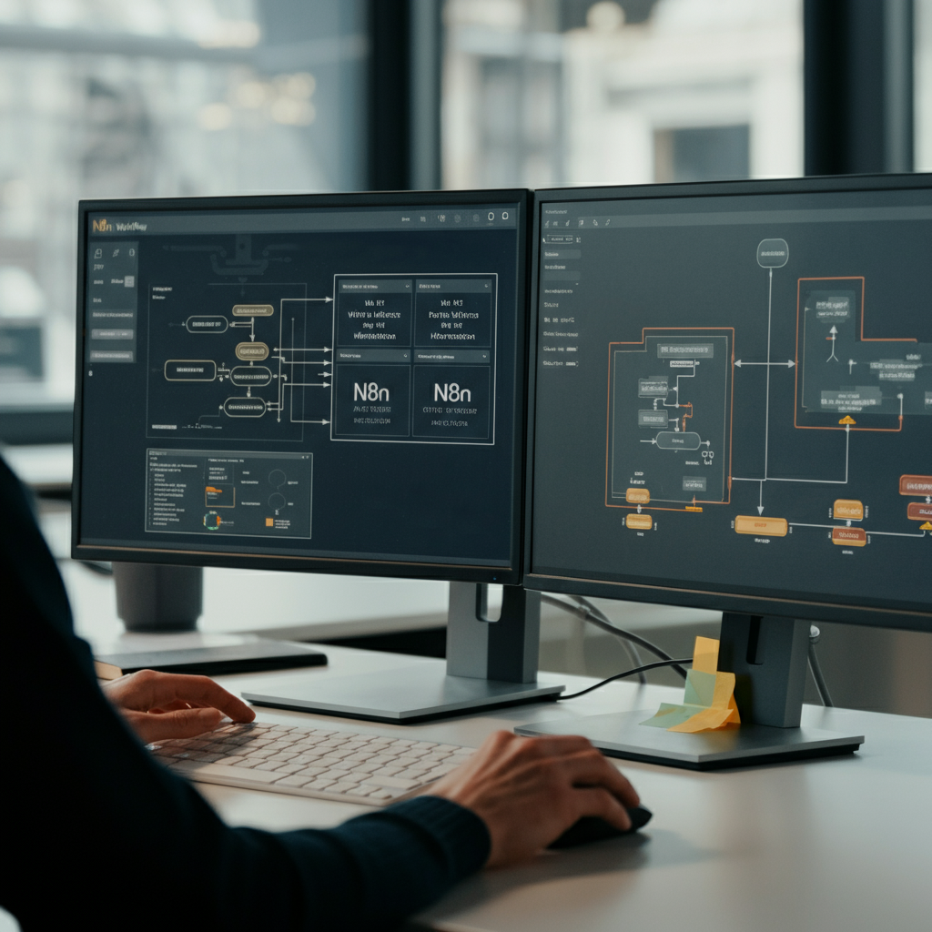 N8n Workflow validation in action: a modern workspace with dual monitors displaying automation flowcharts and error prevention tools, highlighting robust workflow design.