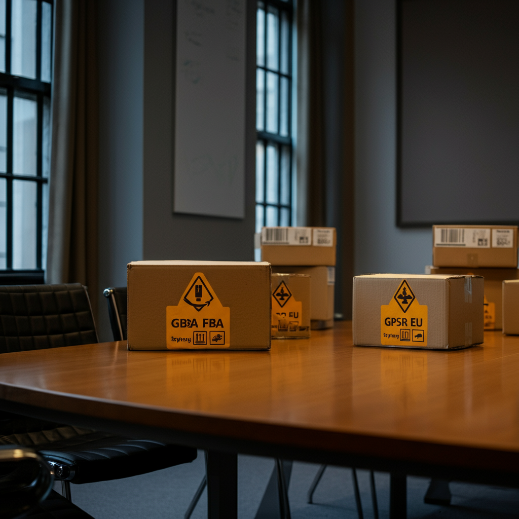 Gpsr Eu compliance visualized: Amazon FBA parcels with EU safety symbols on a conference table, representing new product safety rules for 2026 sellers.