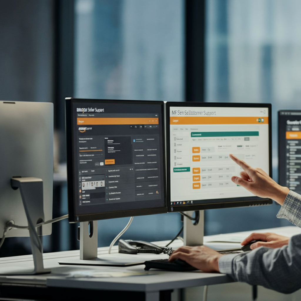 Amazon Seller Customer Support dashboards and compliance checklists displayed on monitors in a modern UK office, showing support workflows and protection measures.