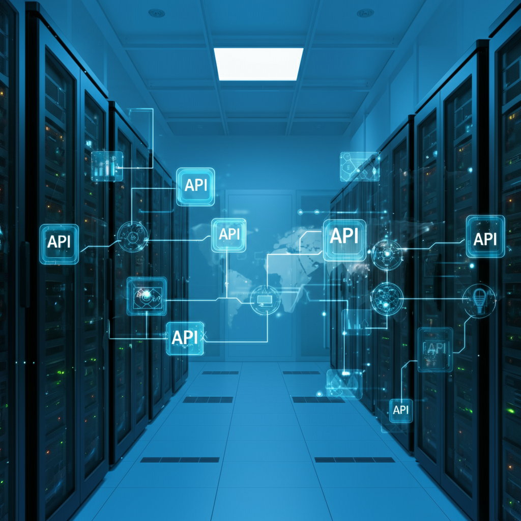 Automation Apis workflow visualized in a modern server room, showing digital API data flows and network infrastructure for resilient error handling.