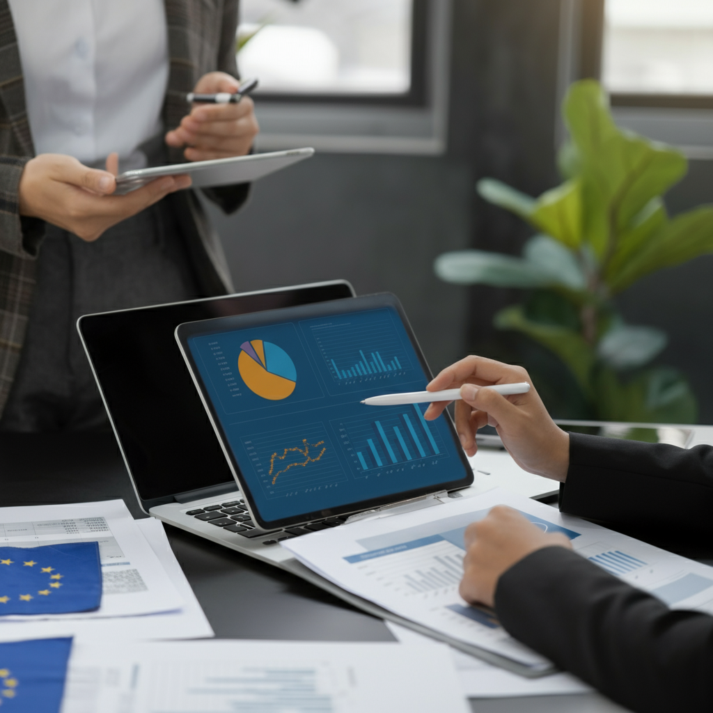 Look Up Amazon Seller compliance data displayed on digital devices in a modern office, highlighting EU regulatory charts and VAT reports for DTC brands.