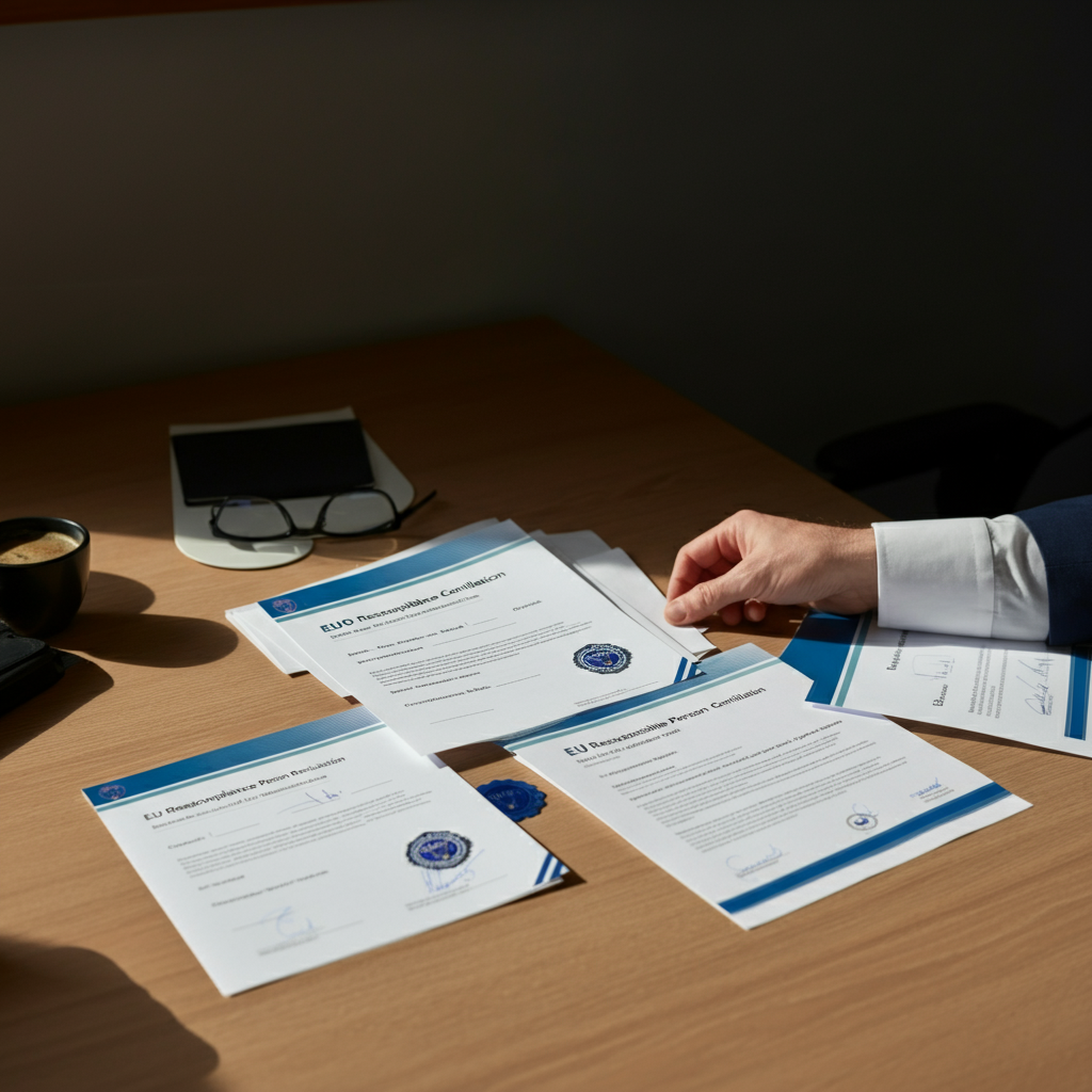 A desk displaying British compliance documents and certificates for Eu Responsible Person regulations, supporting Etsy sellers in meeting EU legal requirements for 2026.
