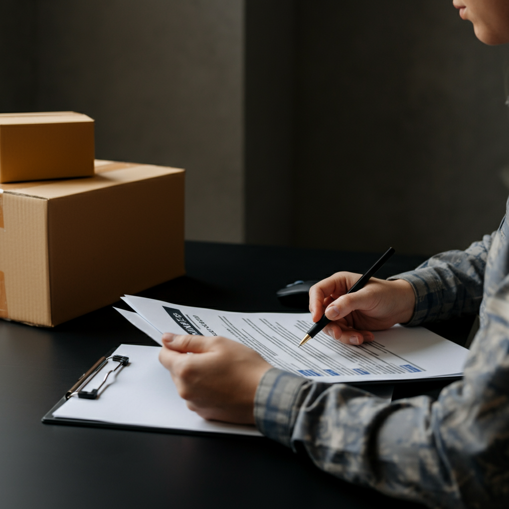 Eu Brand Registration paperwork, compliance checklists, and branded Amazon FBA packaging organized on a UK office desk, highlighting 2026 compliance.
