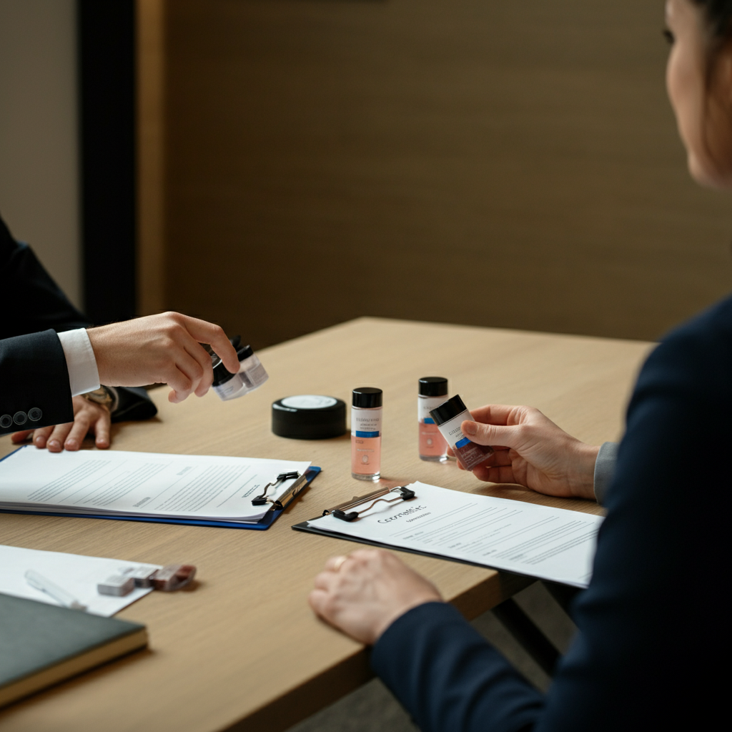 Commercial photograph of Cosmetic Responsible Person context: an office table with EU compliance documents, cosmetic products, and professionals exchanging paperwork for EU market access.