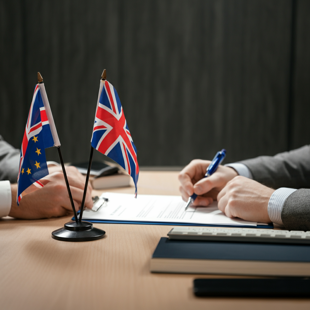 Commercial photograph showing a modern office desk with EU and UK flags next to compliance documents, illustrating Eu Responsible Person requirements for UK sellers.