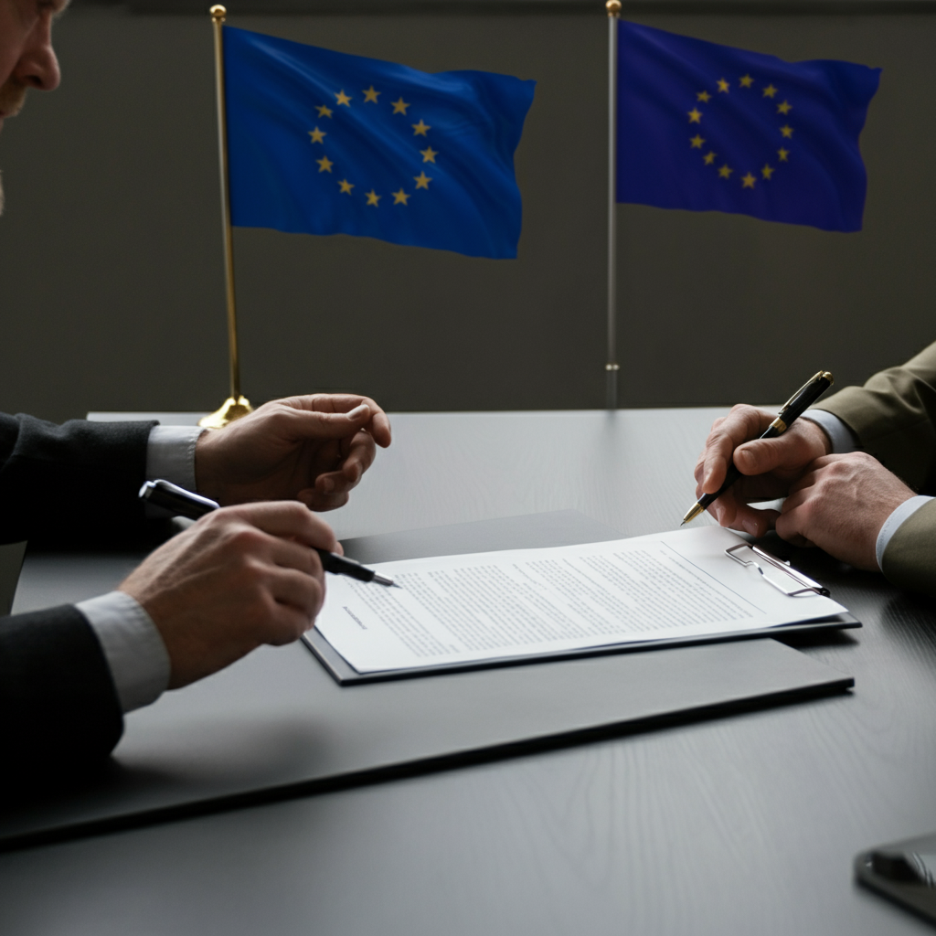 European Authorized Representative Services visual: British electronics exporter and EU representative reviewing compliance documents together, with British and EU flags in the background.