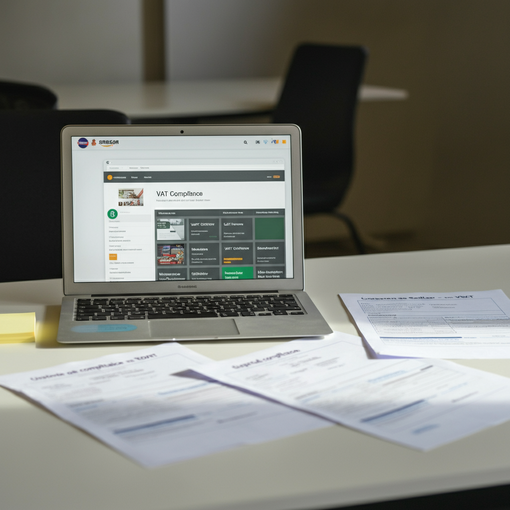 How To Find Someone's Amazon Storefront: A modern office desk with a laptop displaying an Amazon seller storefront, VAT compliance documents, and a notepad for B2B outreach.
