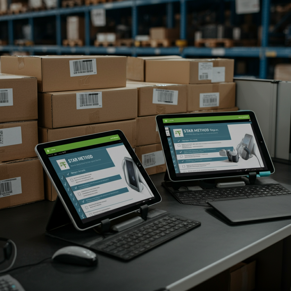 Commercial warehouse scene showing electronics packages with Amazon shipping labels and digital tablets displaying STAR Method Amazon compliance checklists, highlighting UK regulatory context.