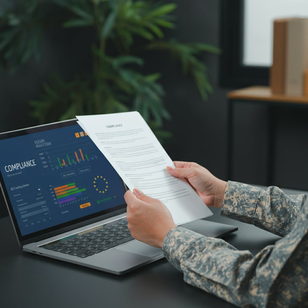 Who Is A Responsible Person visual: hands holding compliance documents, laptop with EU regulatory data, and packaging samples in a business office for Amazon FBA compliance.