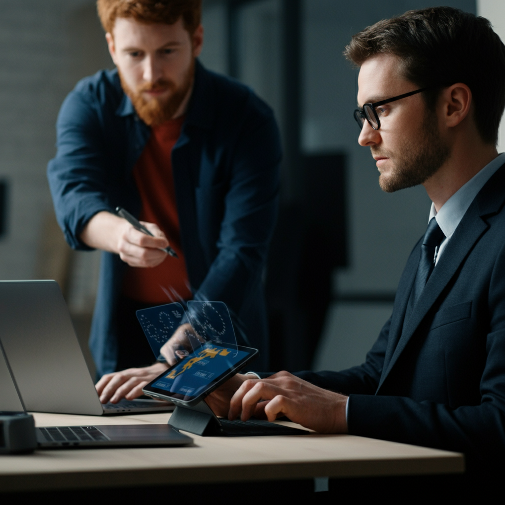 Amazon Listing Optimisation for EU cross-border in 2026: British professionals updating product listings for European compliance using laptops and tablets.