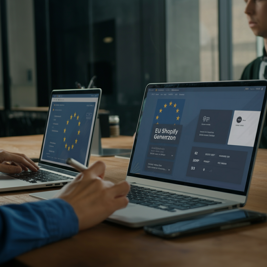 Lead Gen Examples for EU-market Shopify and Amazon B2B success: modern office team collaborating on laptops and tablets with lead generation analytics visible.