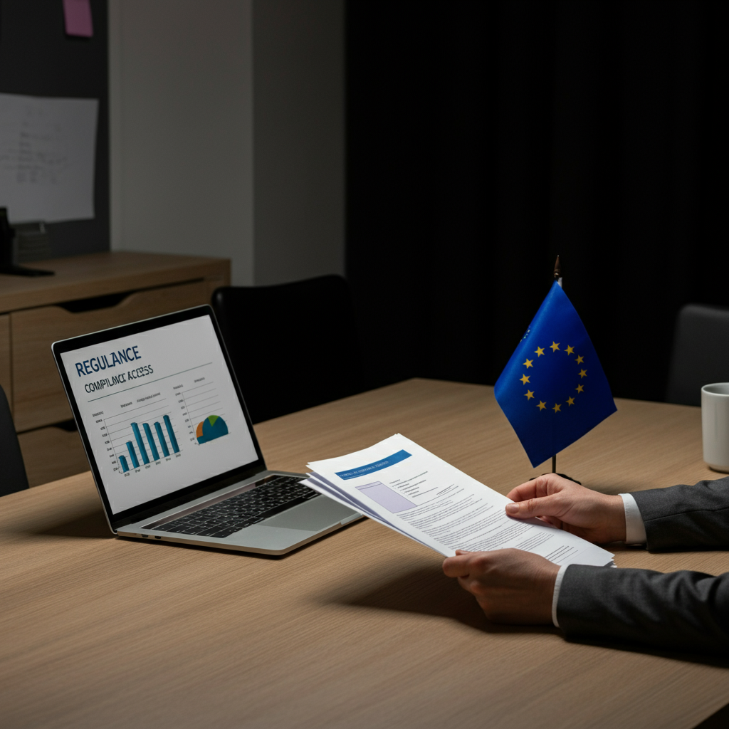 A commercial office scene featuring hands reviewing IEC 63000 2018 compliance documents, a laptop, and an EU flag, representing EU importer compliance review.