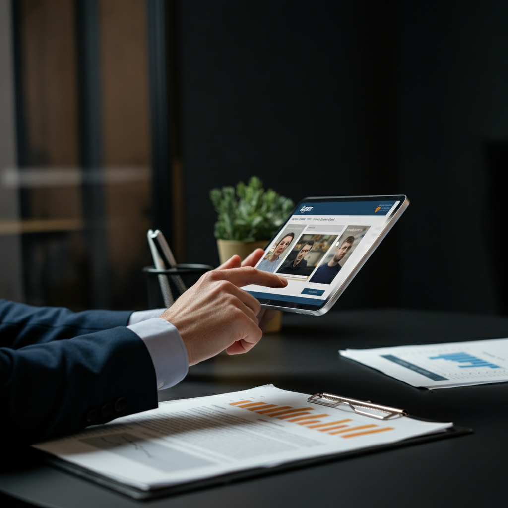 How Can I Find A Seller On Amazon for compliant partnership outreach? Hands reviewing Amazon seller profiles on a tablet in a UK office, focusing on compliance.