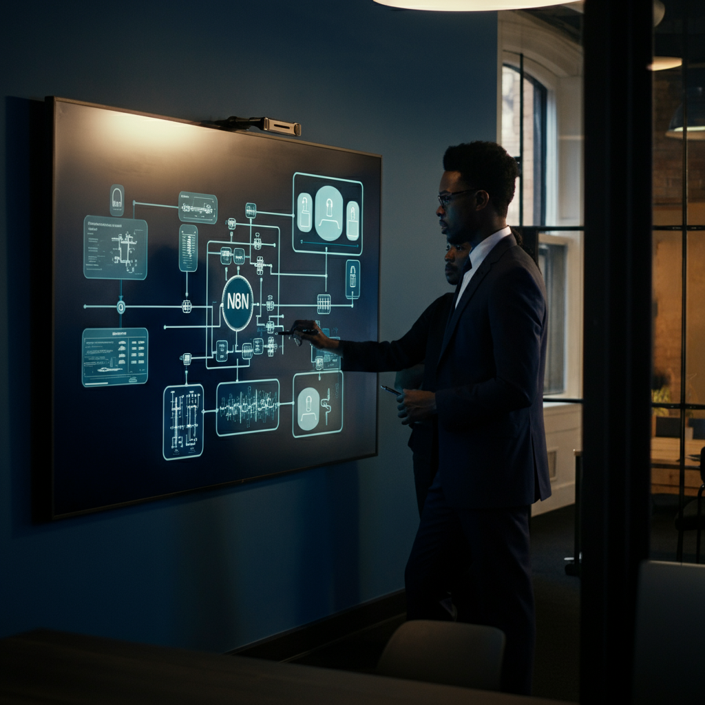 Ai Workflow Automation visual showing a British office team reviewing n8n workflow validation diagrams on a large screen, highlighting secure automation processes.