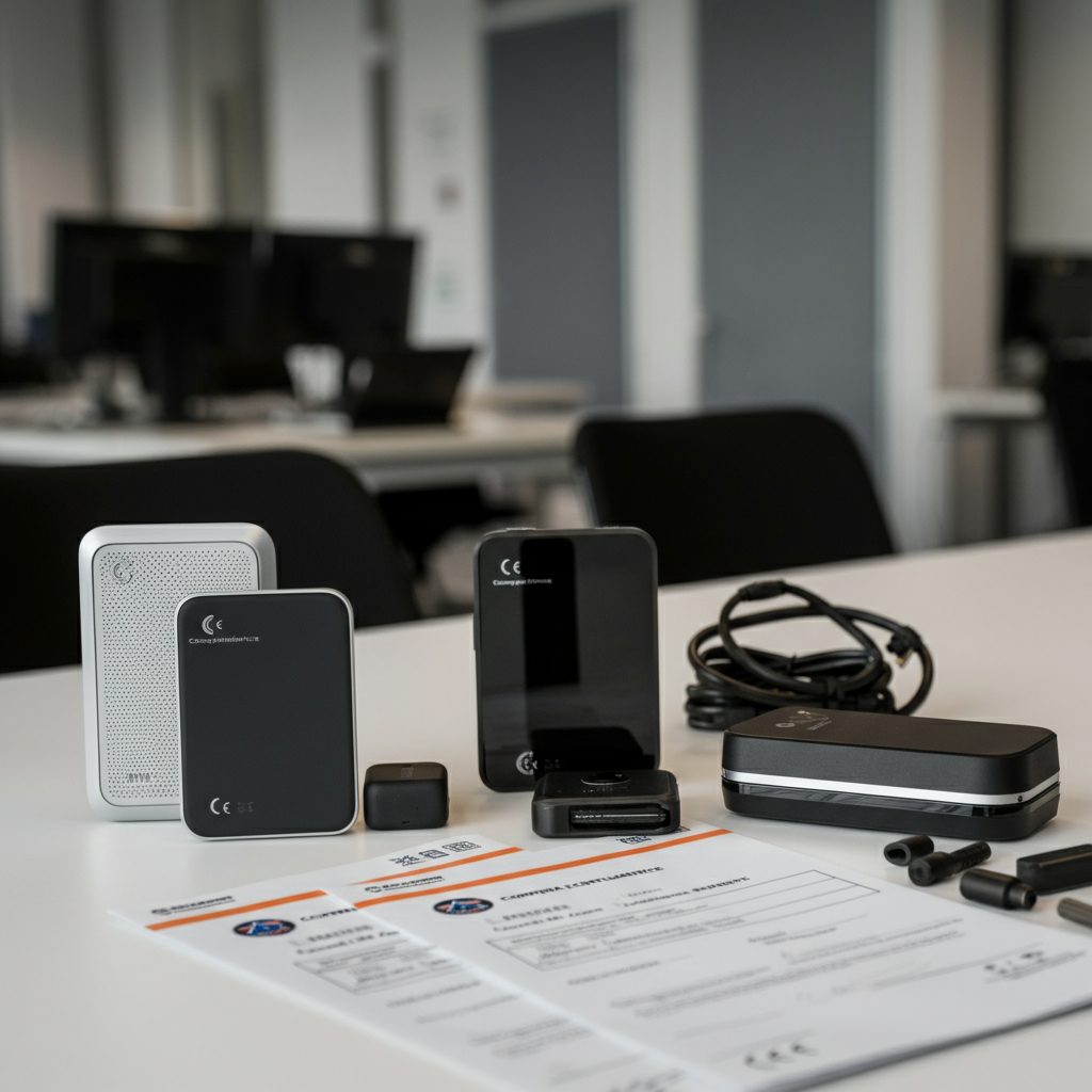 RoHS3 Compliance: Chinese electronics products displayed with compliance documents and CE markings in a modern British office, highlighting regulatory checks.