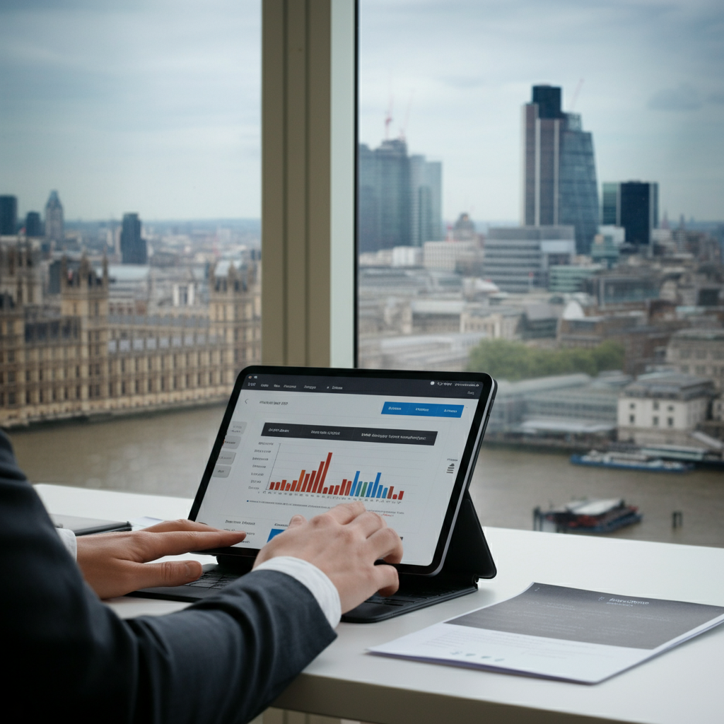 Hands using digital tablets to display Amazon seller data and EU compliance documents in a London office, illustrating How To Find A Amazon Seller for EU B2B strategies.