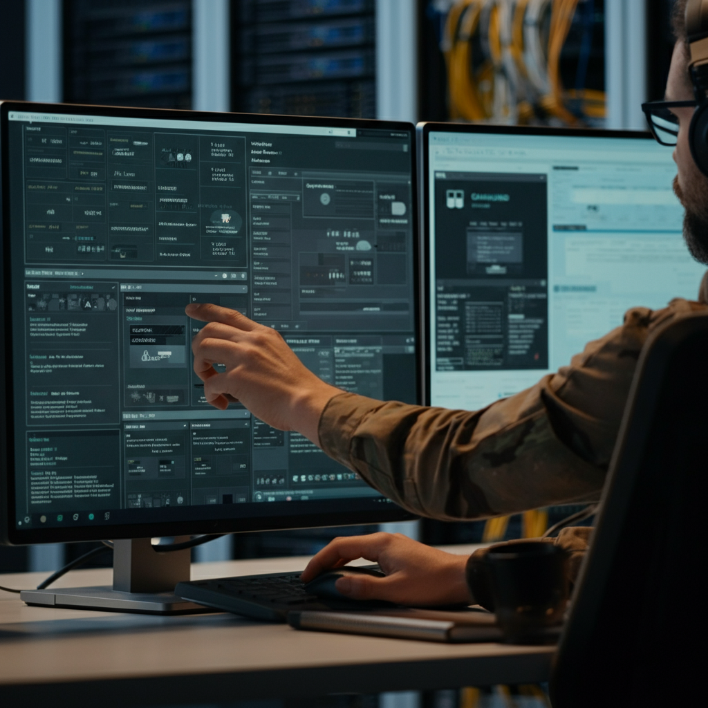 Workflow Camunda dashboard configuration with MCP server integration. IT professionals’ hands interact with automation screens and server racks in a modern office.