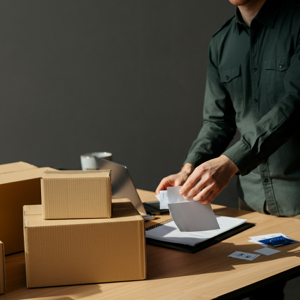Conformity European compliance visual: British business owner’s hands organizing product labels and EU documents for Shopify and Amazon shipments, preventing customs seizures.
