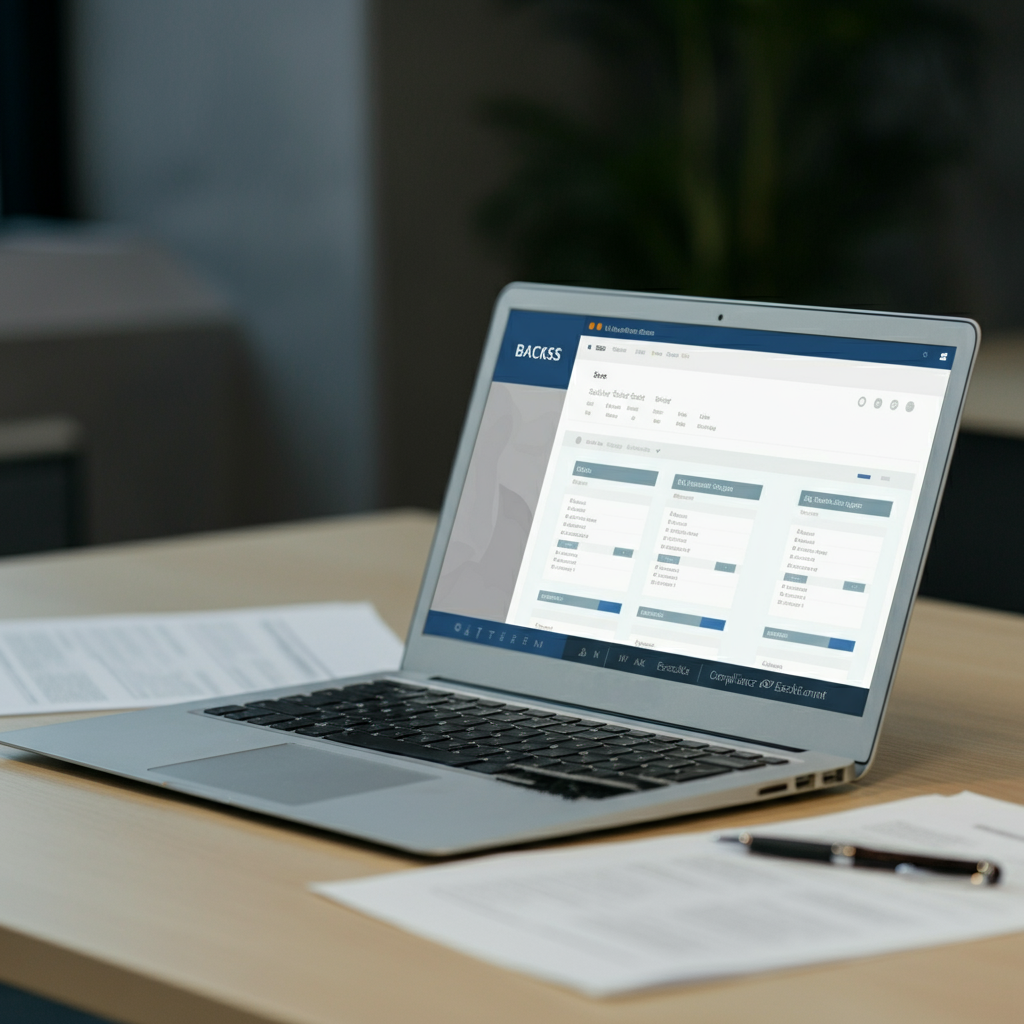 How To Find The Seller On Amazon: A British office desk with a laptop displaying Amazon seller profiles and compliance checklists, illustrating regulatory compliance.