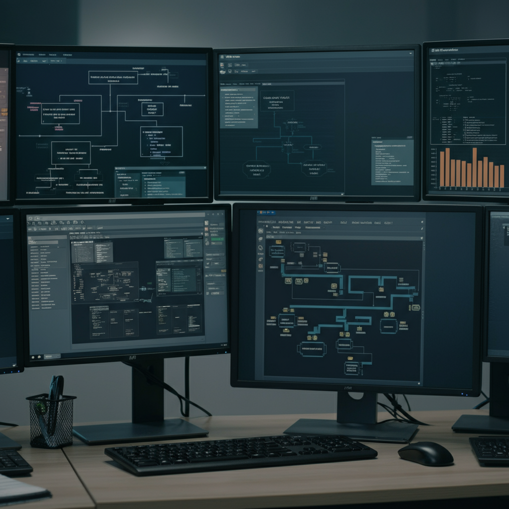 Automation flows visualized in a modern British office, highlighting node schema validation, error logs, and workflow reliability for n8n environments.