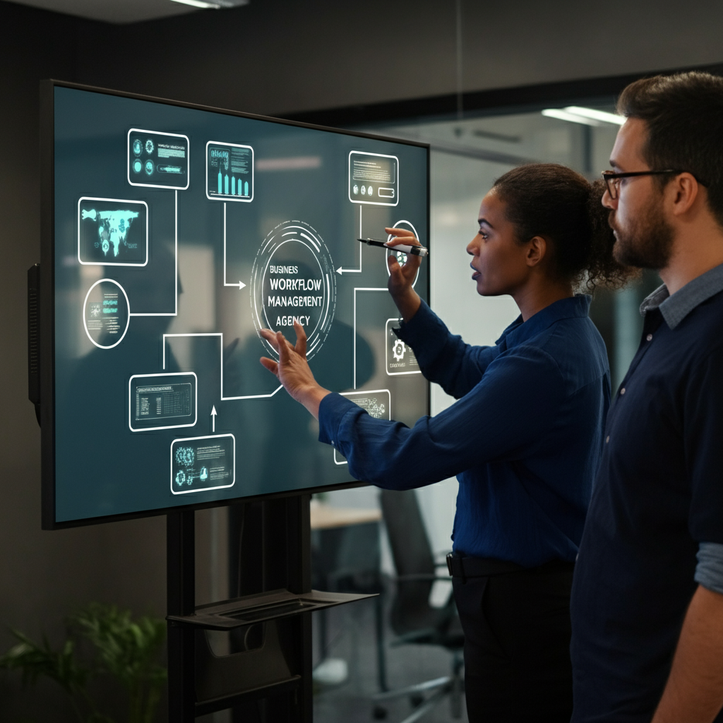 Business Workflow Management team in a UK office reviewing digital workflow diagrams for automation agencies, focusing on process optimization and error prevention.