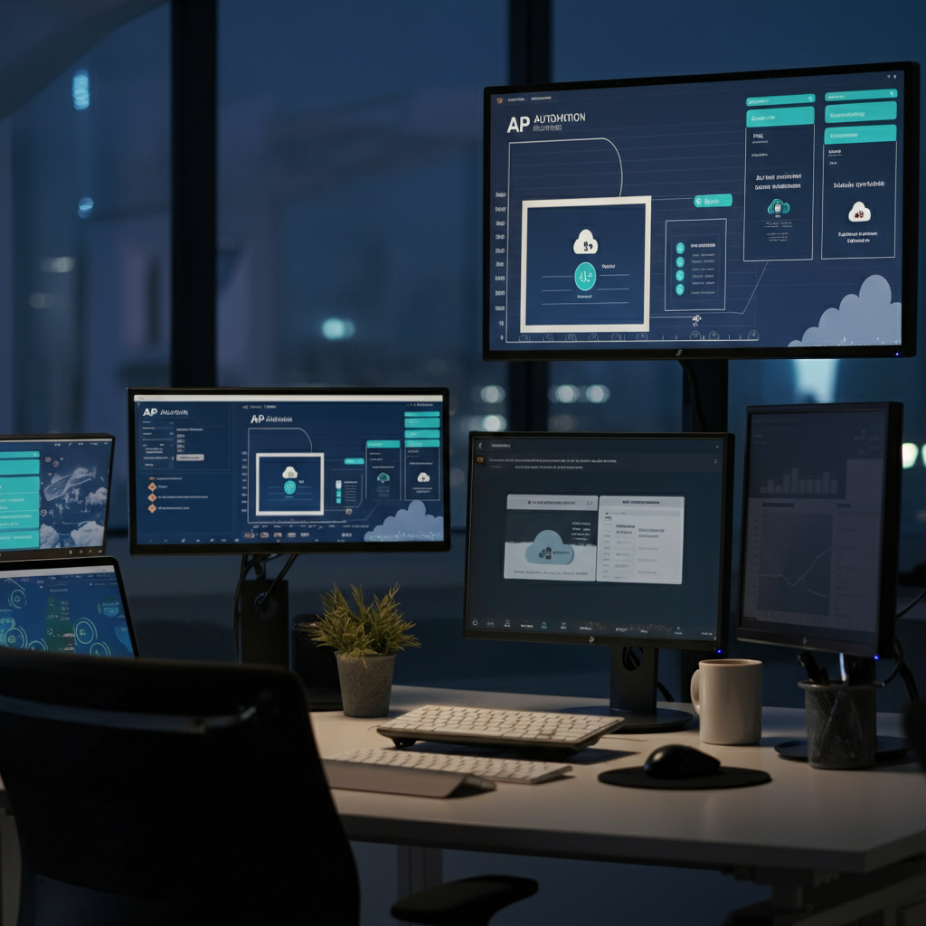 A modern UK accounts department with multiple monitors displaying Cloud Based Ap Automation workflow diagrams and validation dashboards for accounts payable.