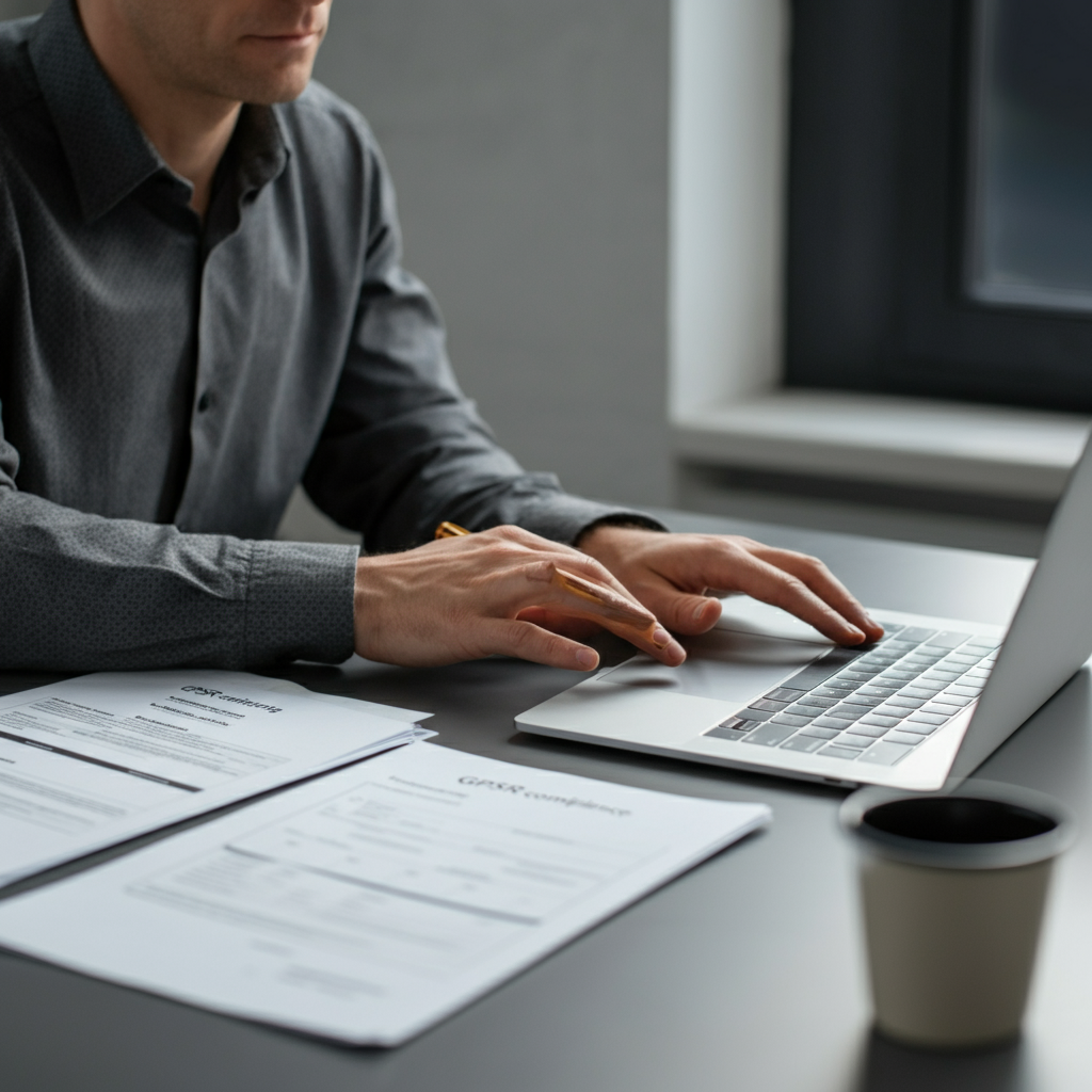 How Do You Search By Seller On Amazon: A professional reviews Amazon seller profiles for GPSR compliance using checklists and import documents in a UK office.