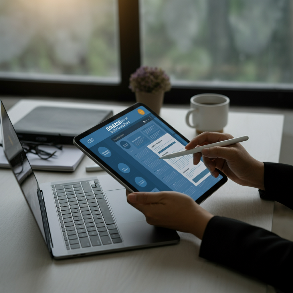 Look Up Seller On Amazon: A commercial scene of hands using tablets and laptops to verify Amazon seller compliance data in a modern office, highlighting regulatory accuracy.