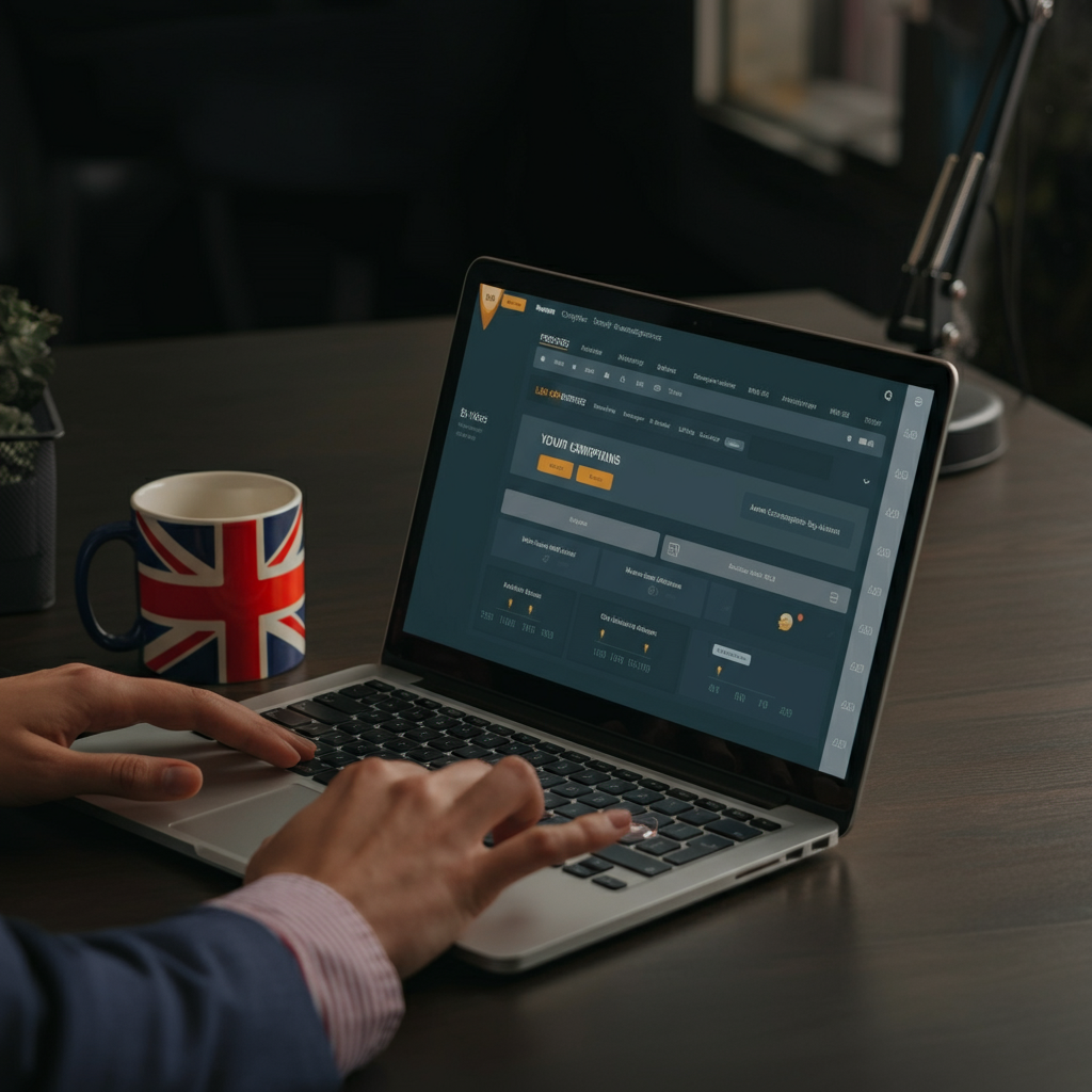 Lookup Amazon Seller compliance dashboard in a British office, showing hands verifying electronics listings to prevent removal in 2026 under EU and UK regulations.
