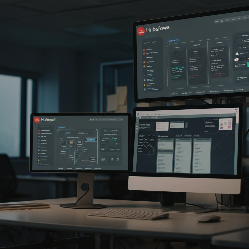 Multiple screens in a modern British office show Hubspot Workflows automation dashboards and an MCP server interface, highlighting error prevention.