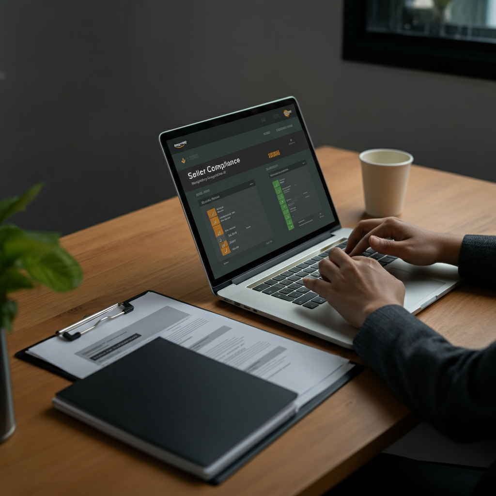 Search Amazon For Seller compliance visual showing hands reviewing Amazon seller data and compliance checklists before Regulation 2023/988 deadline.