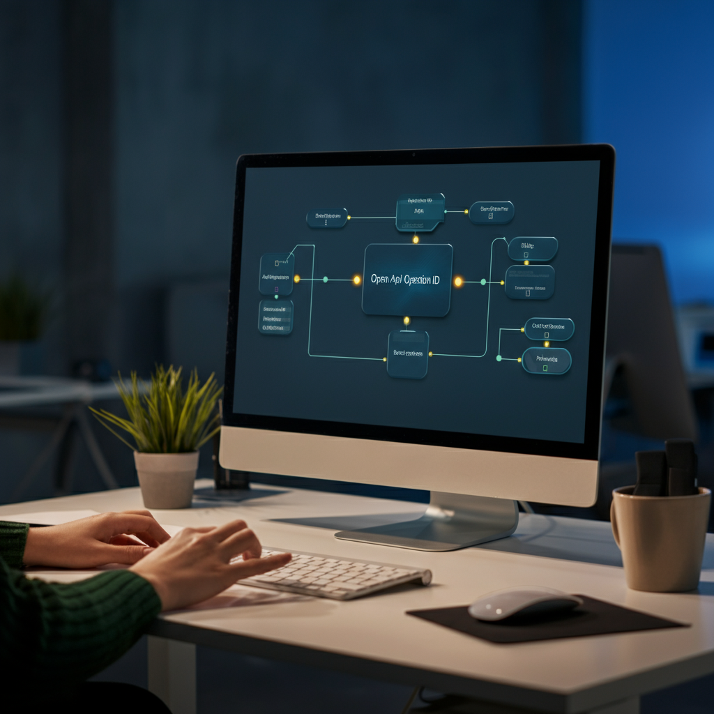 A modern British office scene showing a developer validating Open Api Operation Id nodes in a digital workflow for automation reliability and error prevention.
