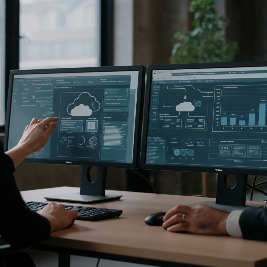 Strategies for reducing cloud waste illustrated by a collaborative UK office team analysing cloud cost dashboards and resource management data.
