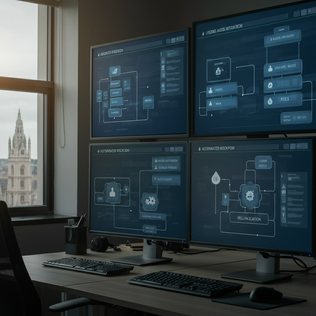 Business Process Automation Solution visual: modern British office with multiple monitors displaying automated workflows and validation symbols, highlighting reliability and efficiency.