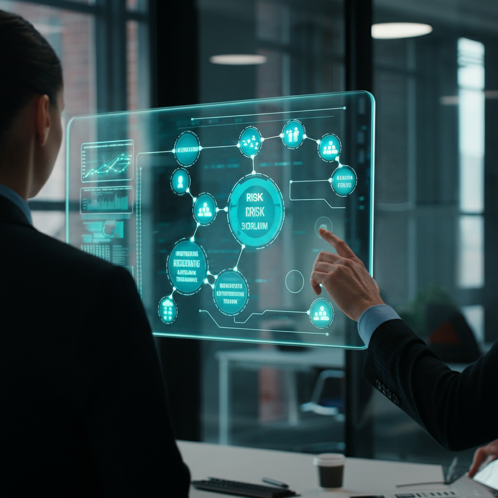 Crm With Workflow Automation: Professionals collaborating in a UK business office, interacting with a digital workflow diagram highlighting automation nodes and risk points.