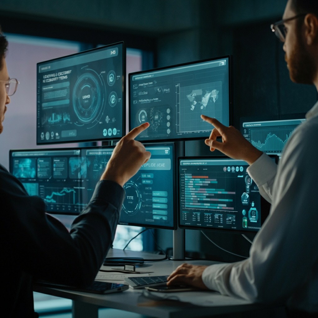 Office scene showing hands interacting with digital dashboards on DevOps tools and the Top Cybersecurity Trends To Watch In 2024, highlighting IT innovation.