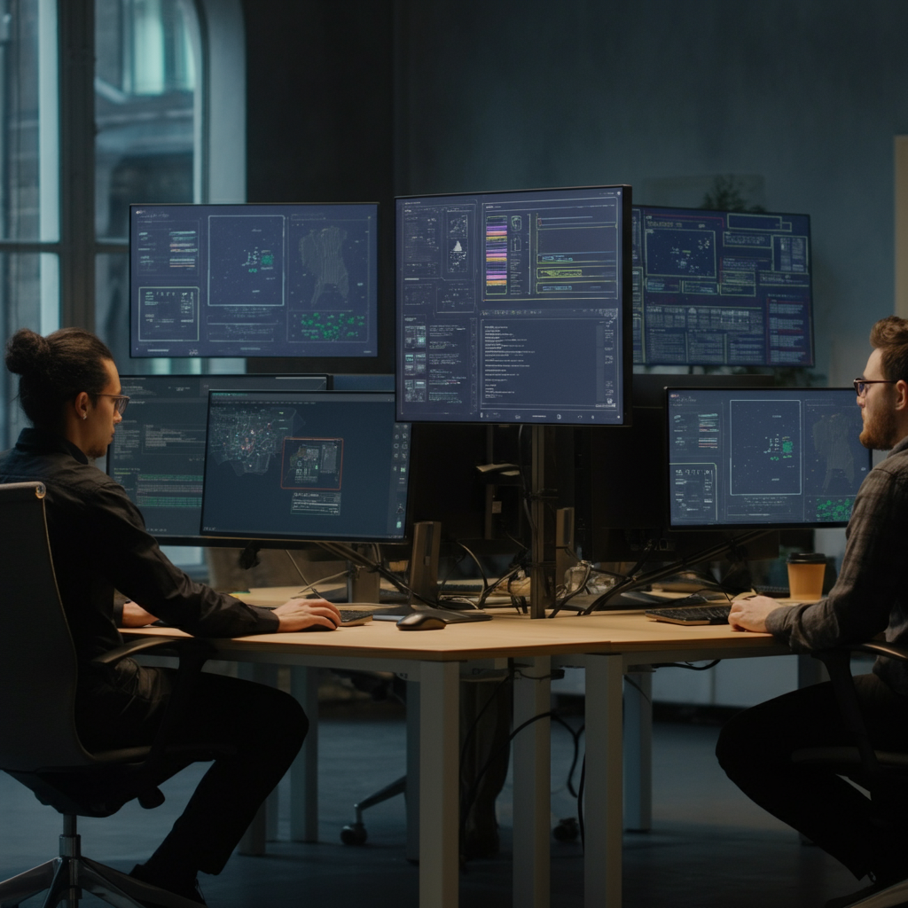Workflow Camunda automation stack being calibrated by agency professionals on multiple screens in a modern office, focusing on error detection and process automation for 2026.