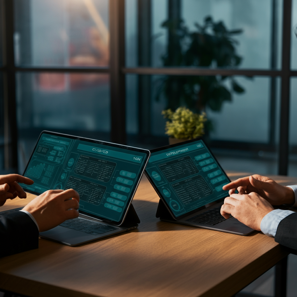 How To Create Amazon Store visual showing hands collaborating over software deployment charts and CI/CD pipelines in a modern UK office environment.