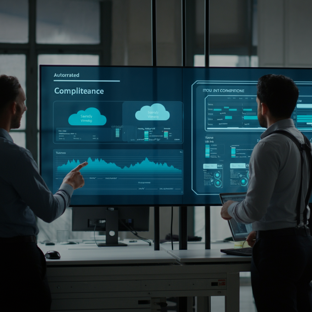 Automating Compliance In Hybrid Environments visual showing IT professionals collaborating in a UK office with hybrid cloud and on-premise servers, emphasizing compliance dashboards.
