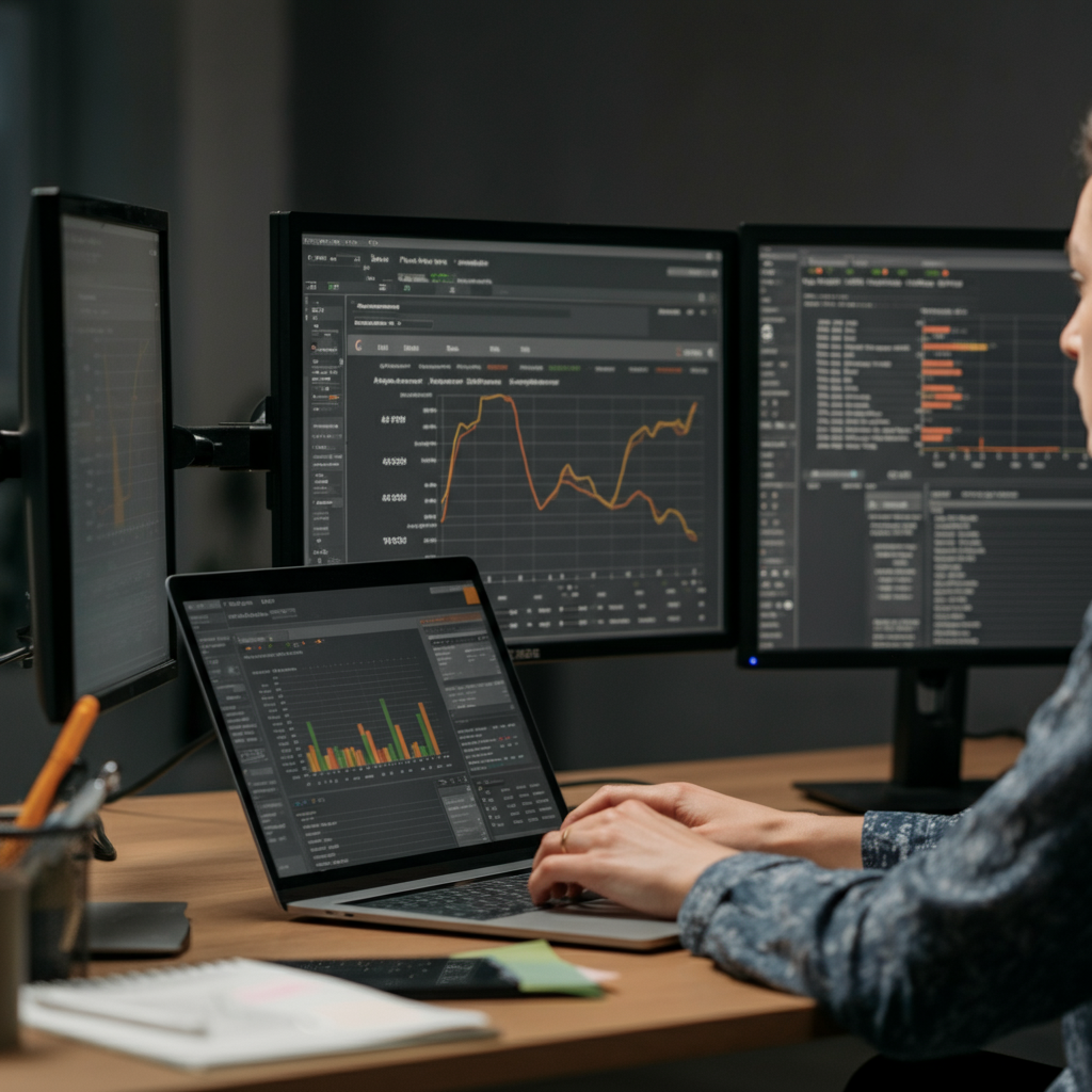 Amazon Seller Outreach visual: A data analyst in a UK office reviews Amazon seller metrics on multiple monitors, highlighting high-revenue seller identification for B2B outreach.