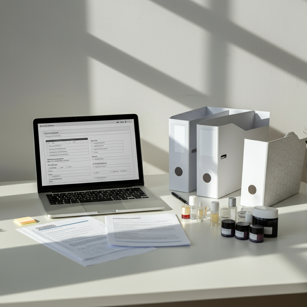 Cosmetic Responsible Person EU Requirements visual: modern office desk with regulatory documents, PIF files, and compliance paperwork arranged for EU cosmetics compliance review.