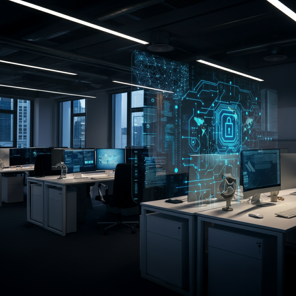 An Introduction To Zero Trust Security Models: A modern British office workspace showing layered digital security and network segmentation, representing enterprise cybersecurity.