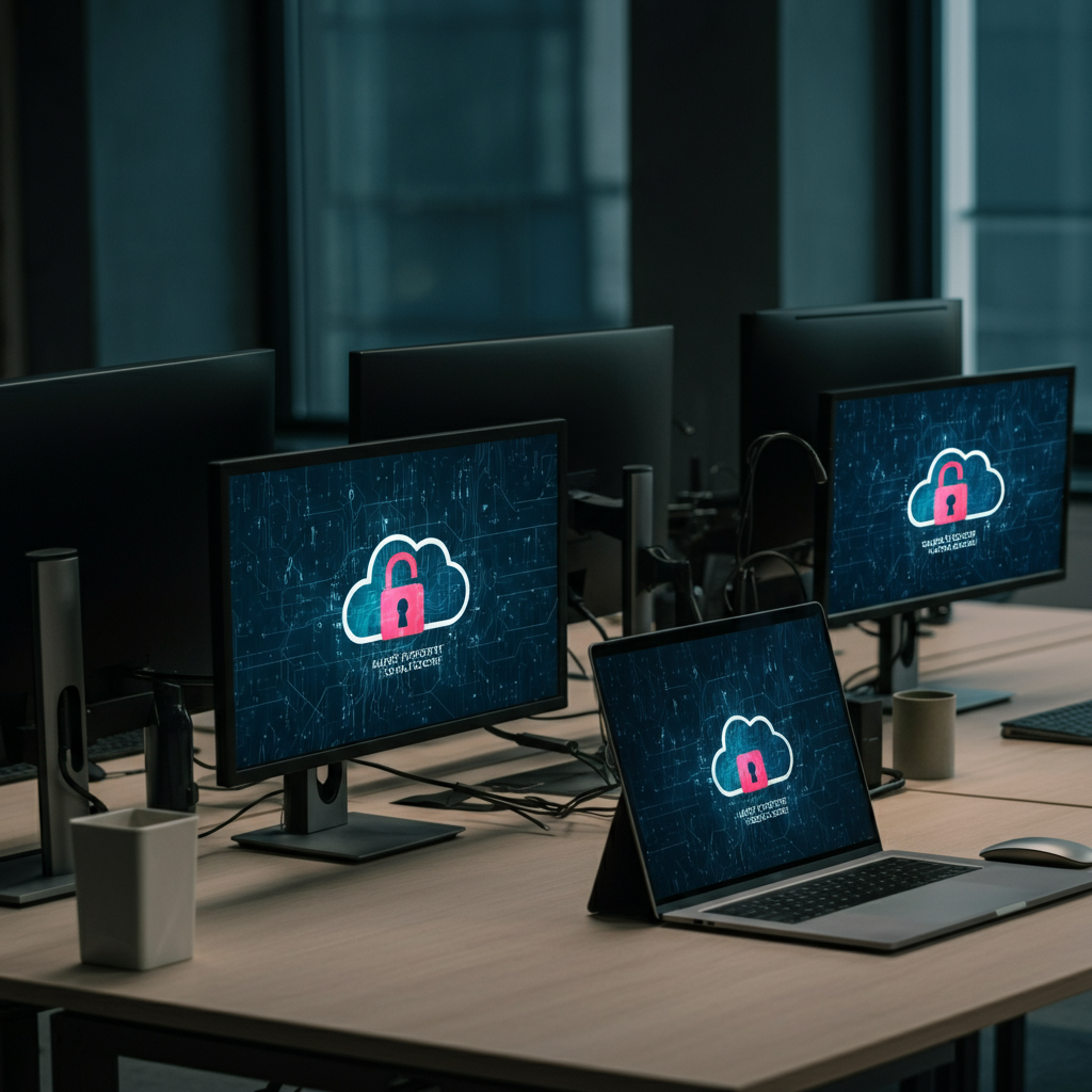 Top Cybersecurity Trends To Watch In 2024 illustrated by a modern UK office workspace with digital padlock and cloud security icons on computer screens.